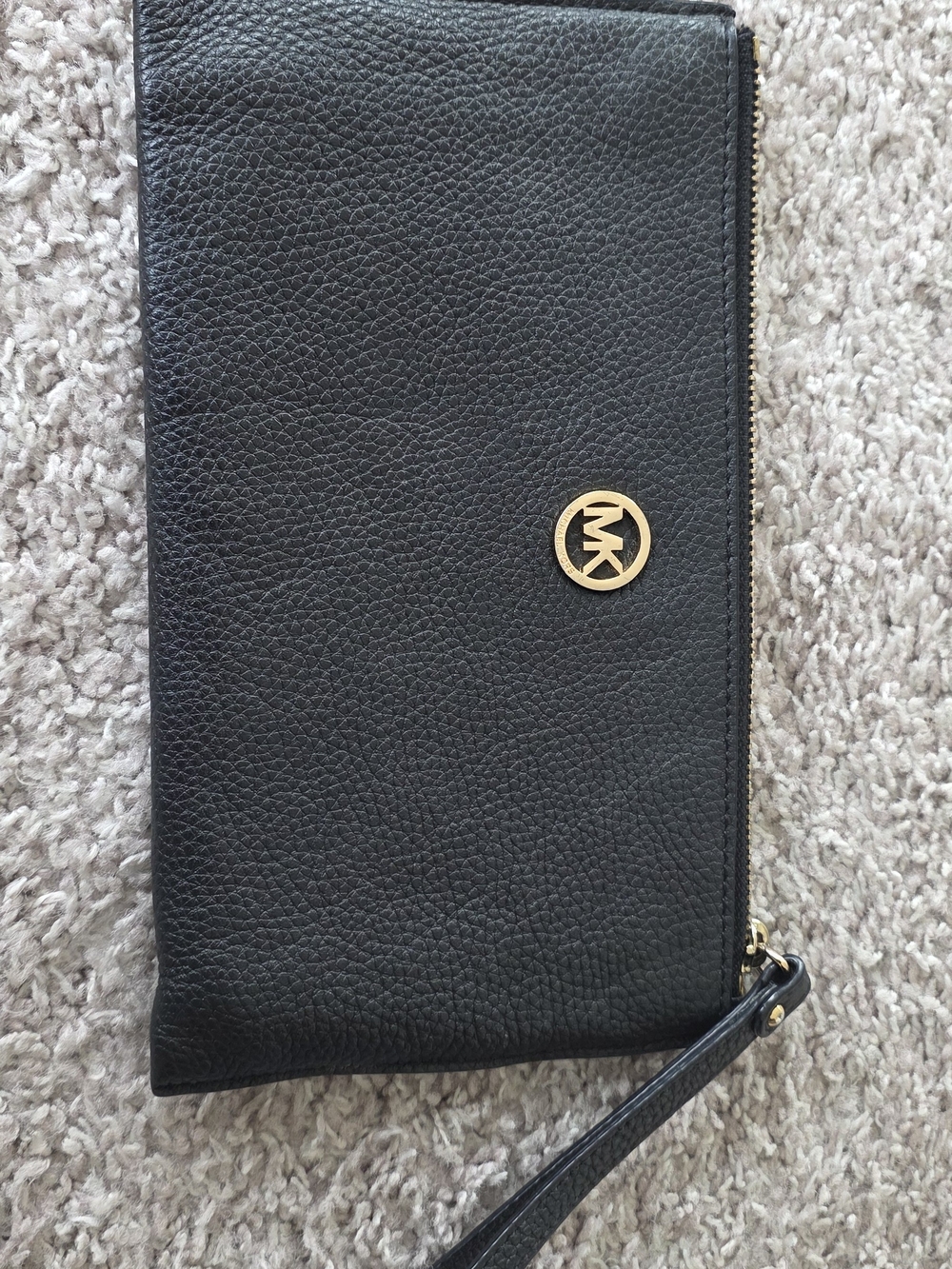 Michael Kors Black Pebbled Leather Wristlet with Gold Logo